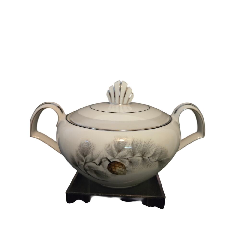 Vintage Kent China Silver Pine Covered Sugar Bowl with Lid Japan MCM